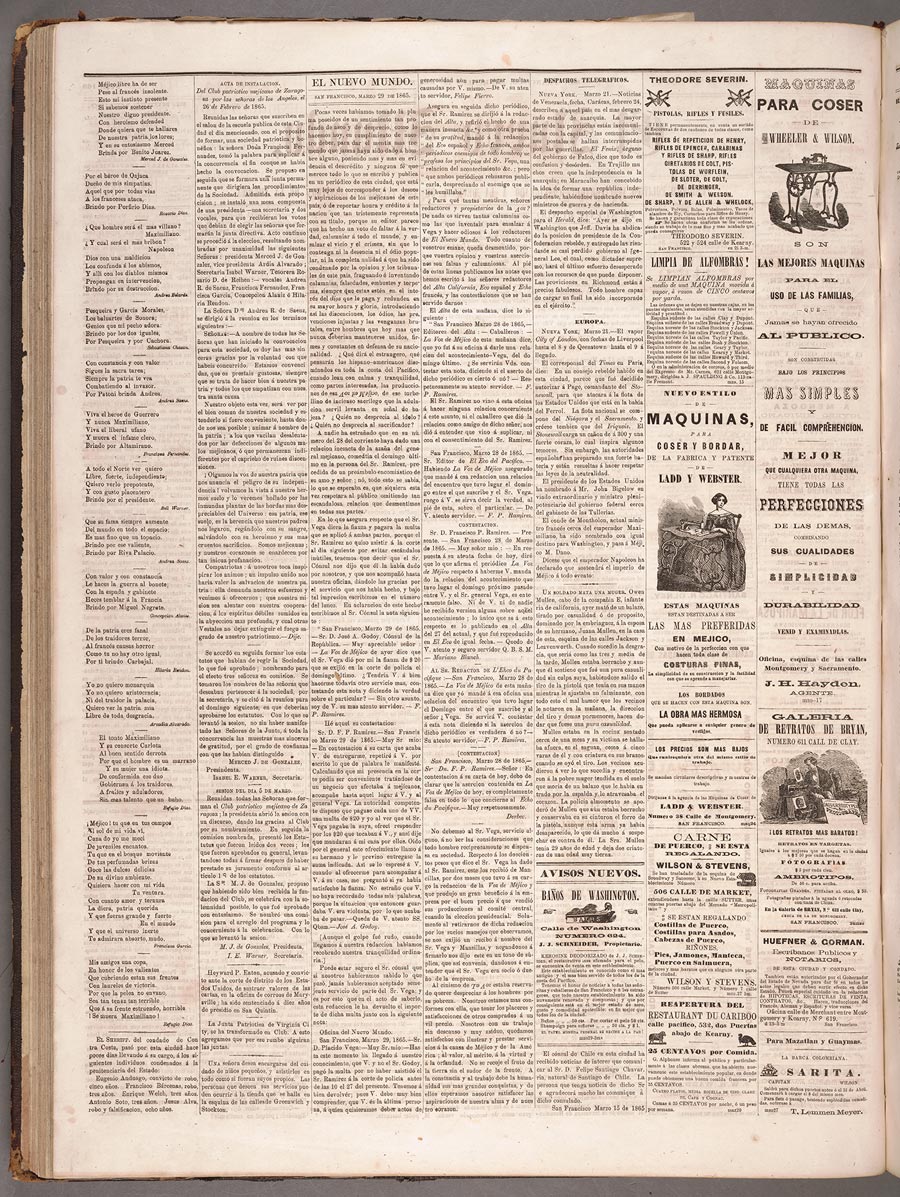 Second page of San Francisco’s El Nuevo Mundo newspaper, March 29, 1865.