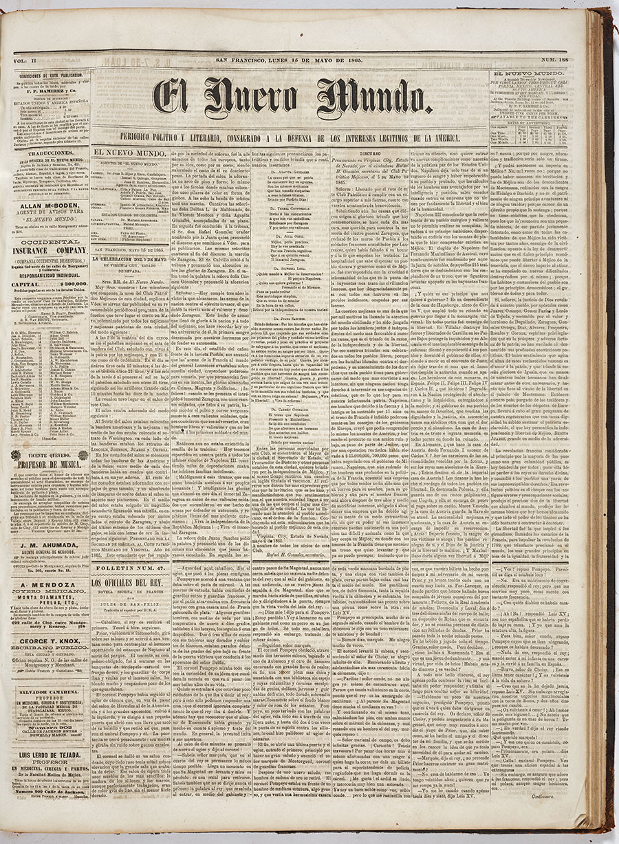 Front page of San Francisco’s El Nuevo Mundo newspaper, May 15, 1865. The brindis poems by women of the Patriotic Club of Mexico of Virginia City, Nevada, were delivered at a Cinco de Mayo celebration. The Huntington Library, Art Museum, and Botanical Gardens.