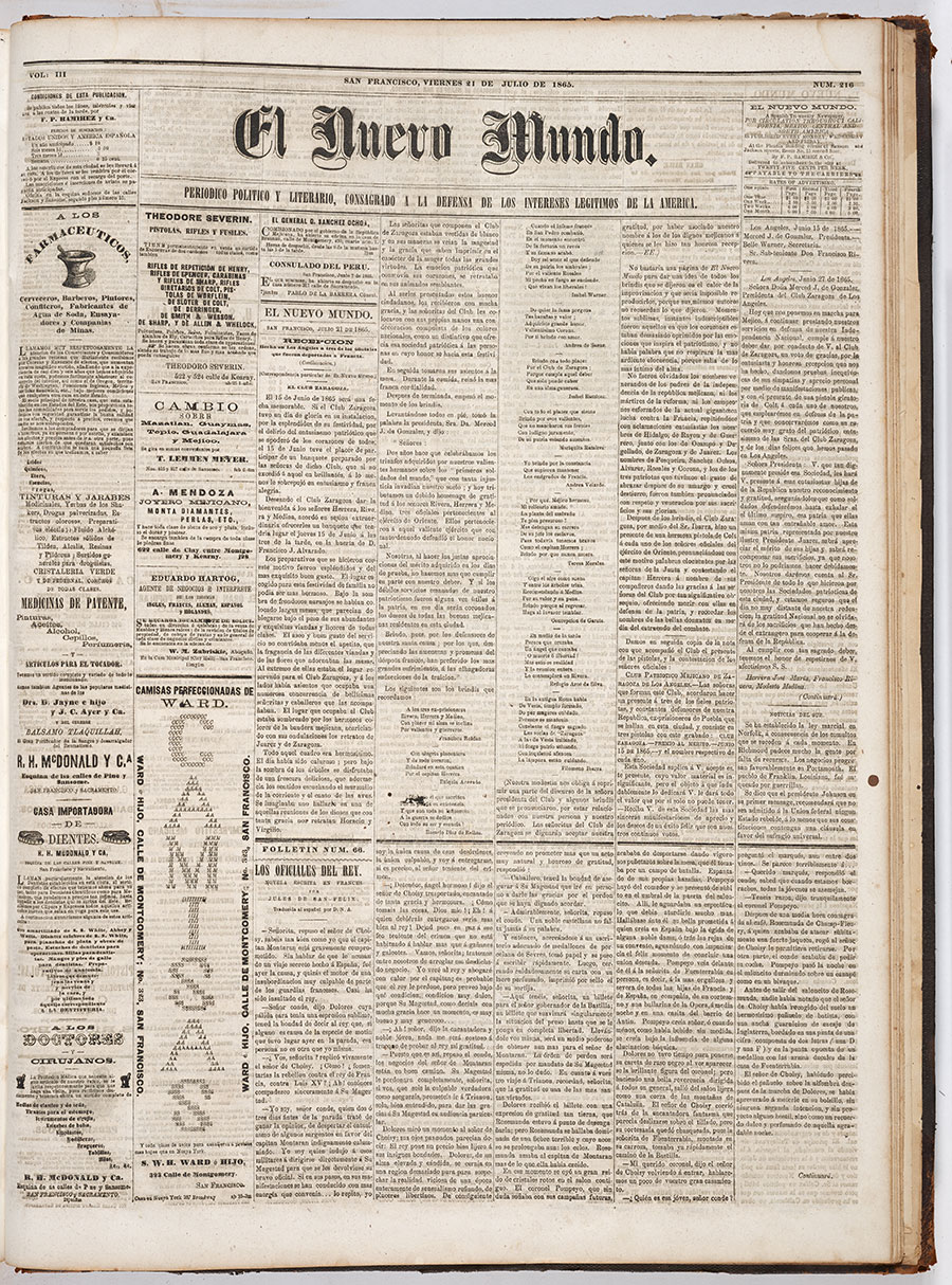 Front page of San Francisco’s El Nuevo Mundo newspaper, July 21, 1865. The brindis poems by women of the Zaragoza Club of Los Angeles honor Mexican prisoners of war. The Huntington Library, Art Museum, and Botanical Gardens.