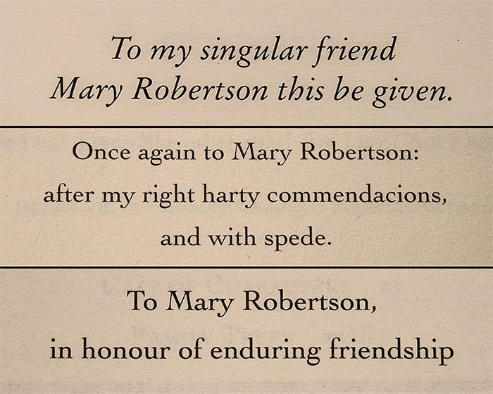 Dedicatory page details of three volumes of Hilary Mantel’s trilogy about Thomas Cromwell.