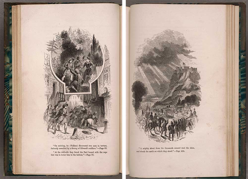 Left: Illustration of two scenes in Jane Porter’s The Scottish Chiefs, 1840. Opposite page 79 in the first volume of the novel. Right: Illustration of a scene in Jane Porter’s The Scottish Chiefs, 1840. Opposite page 424 in the second volume of the novel.