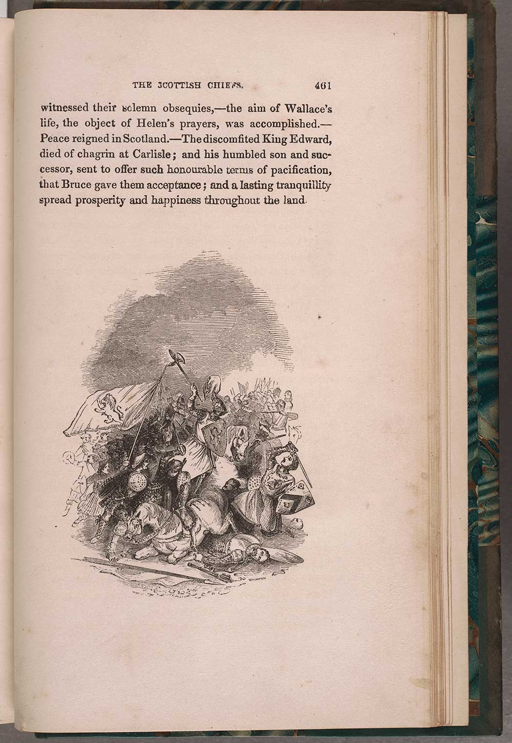 Illustration of a battle scene at the end of Jane Porter’s The Scottish Chiefs, 1840. Opposite page 461 in the second volume of the novel. 