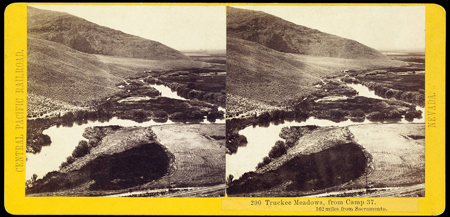 A dual-image "stereograph" from the 1860s shows a mountain sloping down to a large meadow.