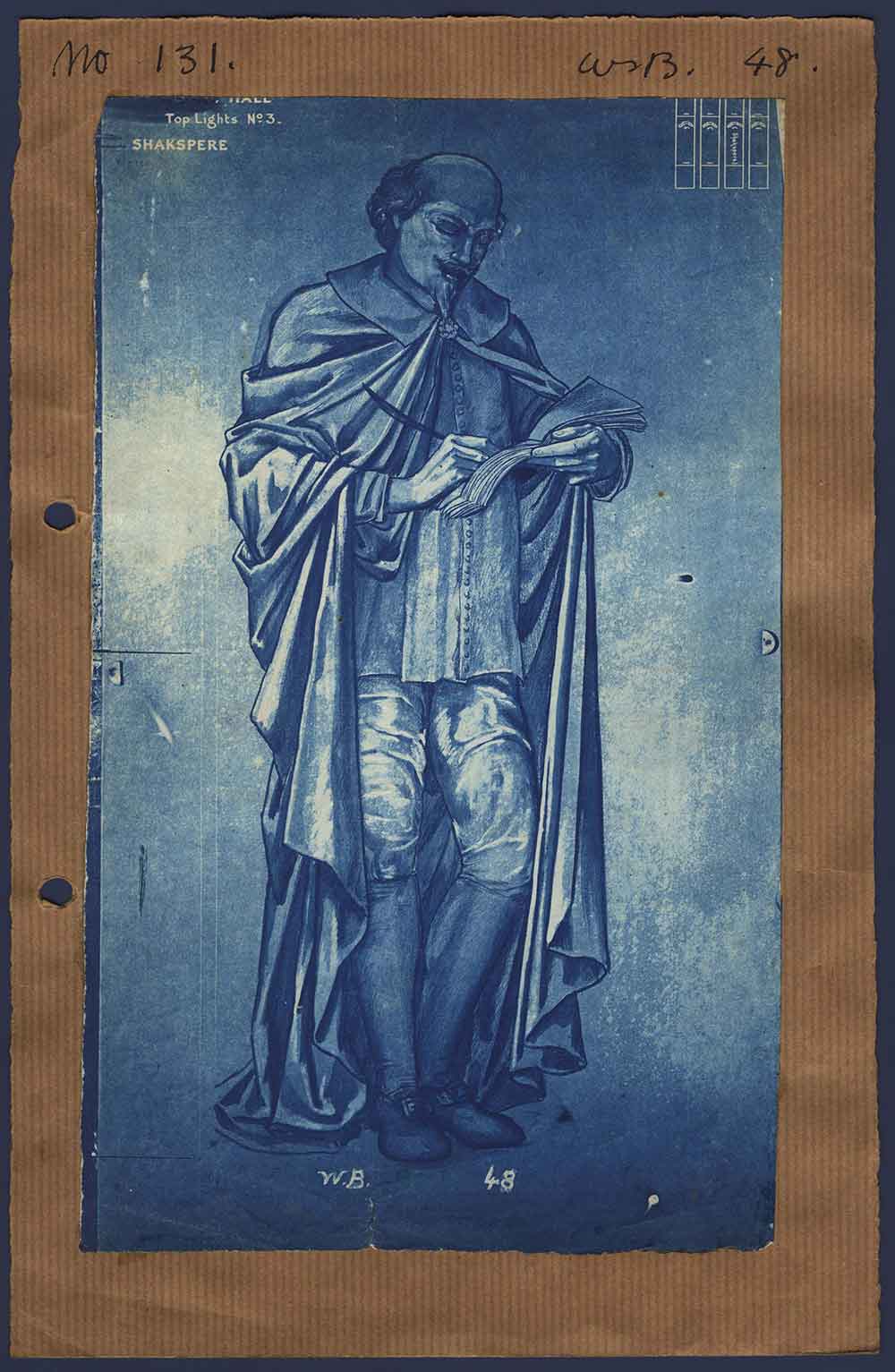 Figure of Shakespeare, standing, facing right, wearing smock, breeches, and cloak, writing in book with a quill. 