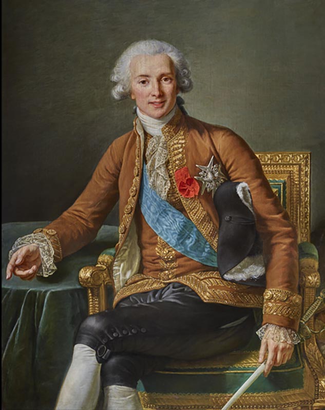 An 18th-century portrait of a French nobleman dressed in an ornate brown coat with gold braids, trim, and beads and white silk lining. A blue sash is draped underneath the open coat.