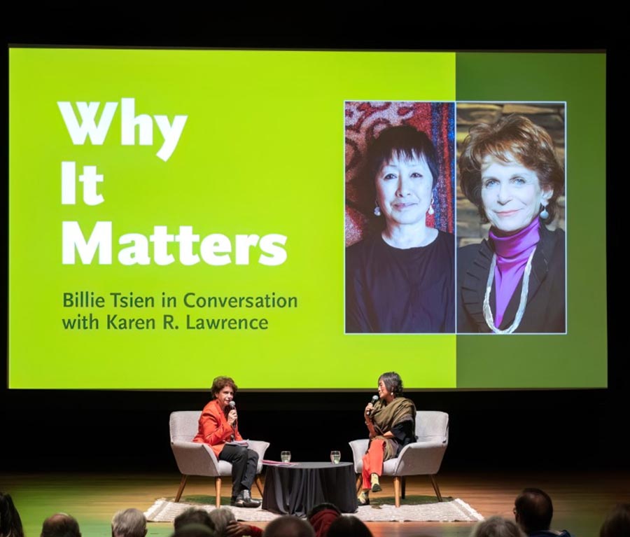 Karen R. Lawrence and Billie Tsien in conversation on a stage.