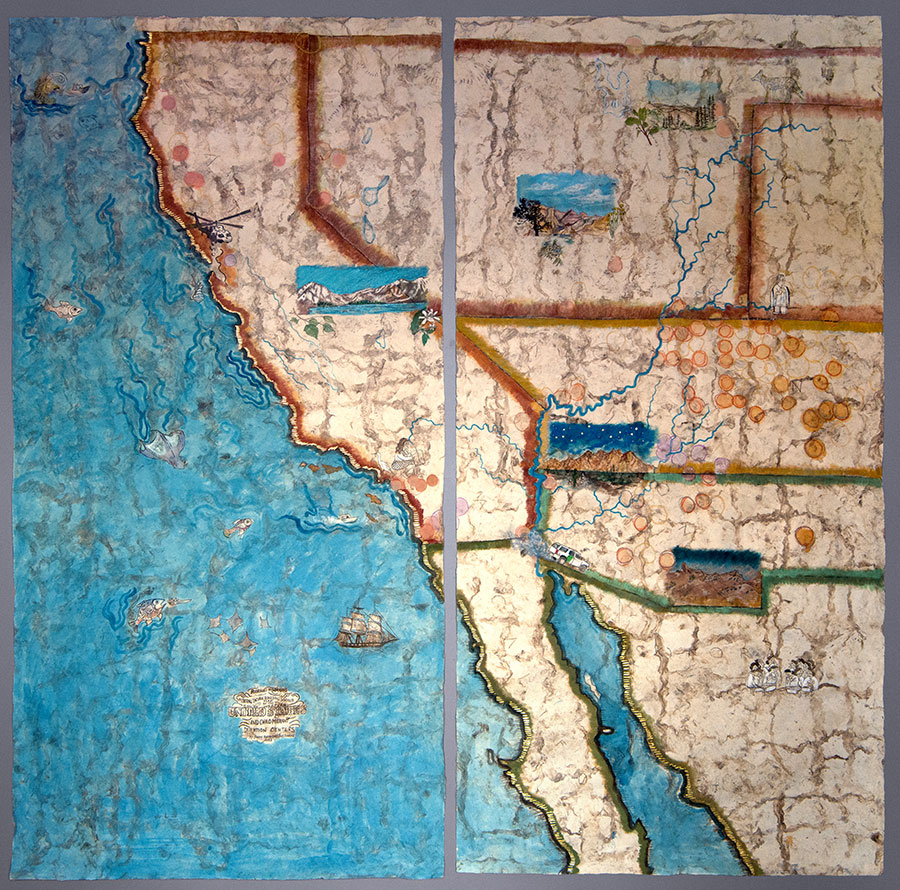 A watercolor map of the southwestern United States and northwest Mexico.