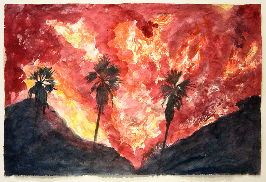 A watercolor of palm trees and mountains amid a wildfire. 
