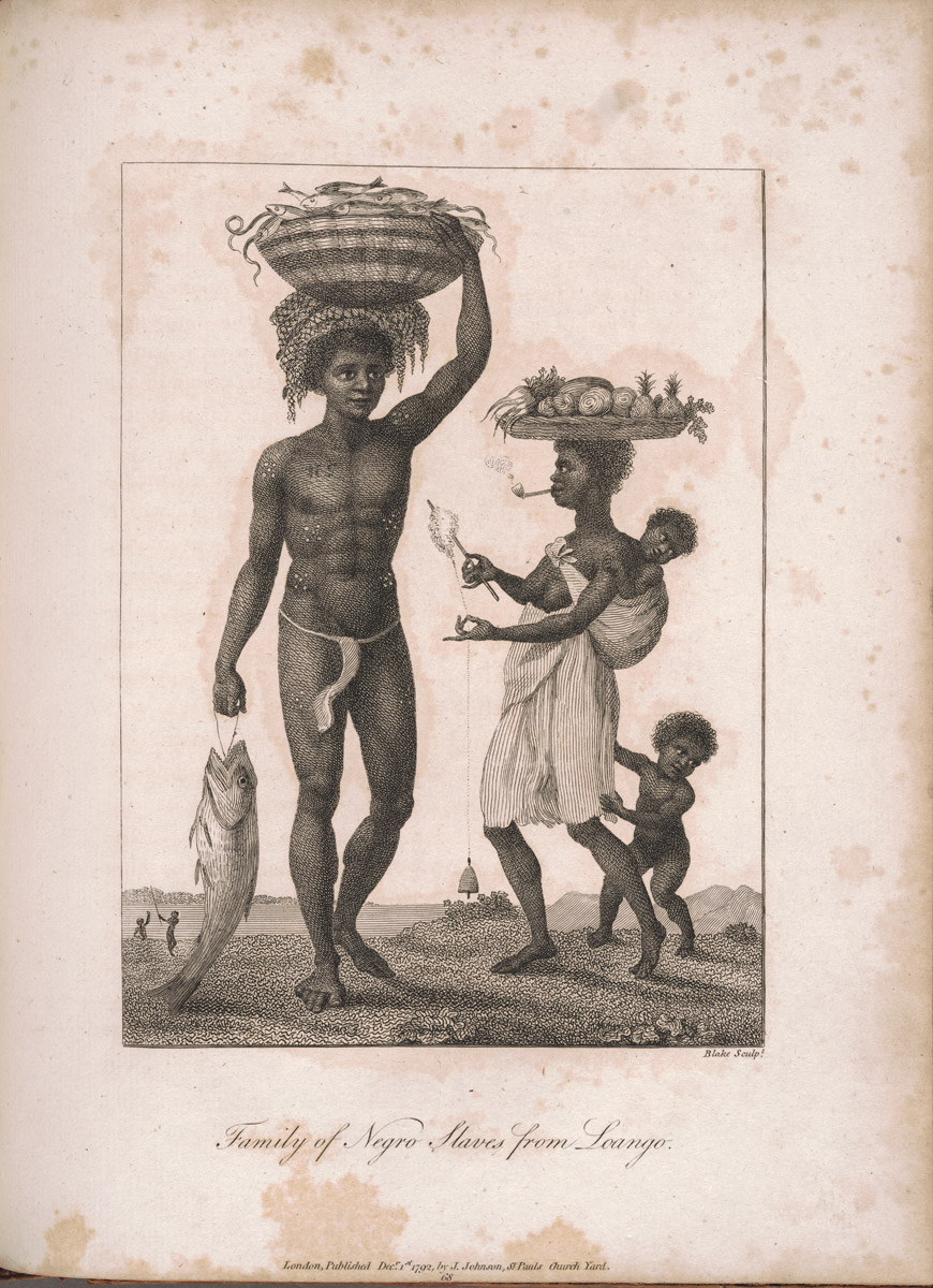 A man and woman with baskets of food on their heads and two young children in tow.