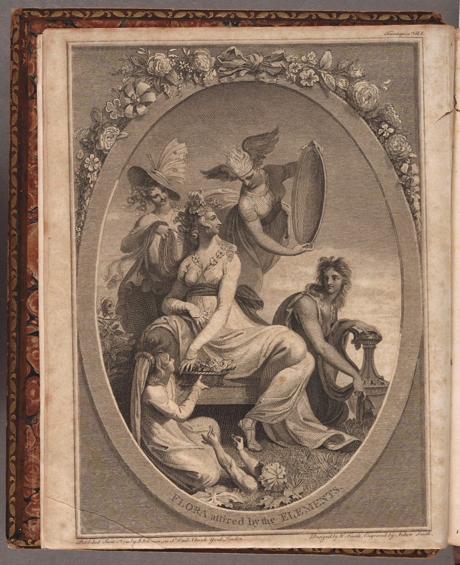 A grey-hued drawing of a Roman goddess surrounded by angels.