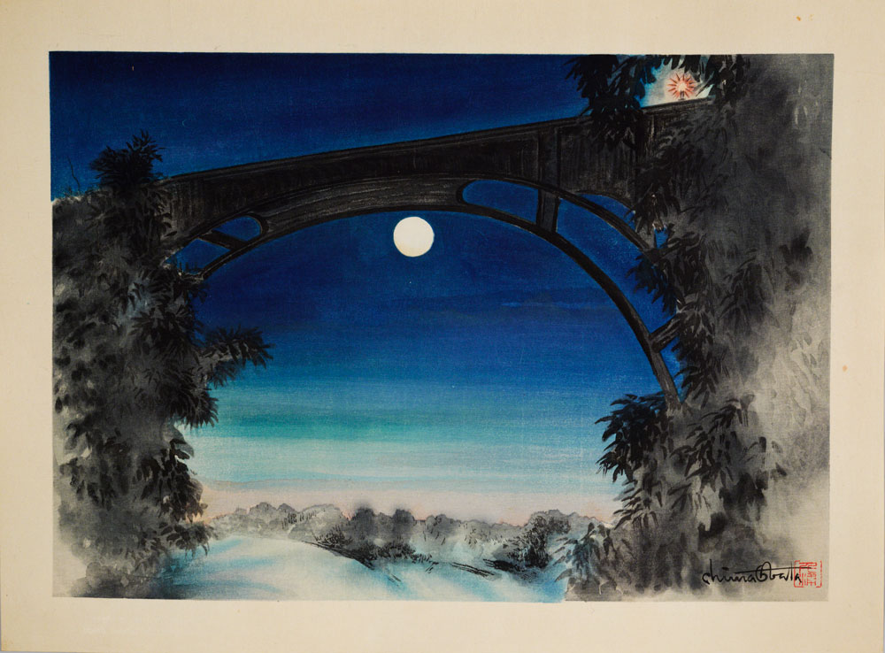 Watercolor painting of a full moon under the arch of Pasadena’s Colorado Street Bridge.