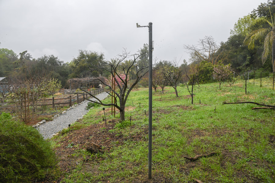 A rain gauge on a pole and a gravel walkway near the Huntington orchards.