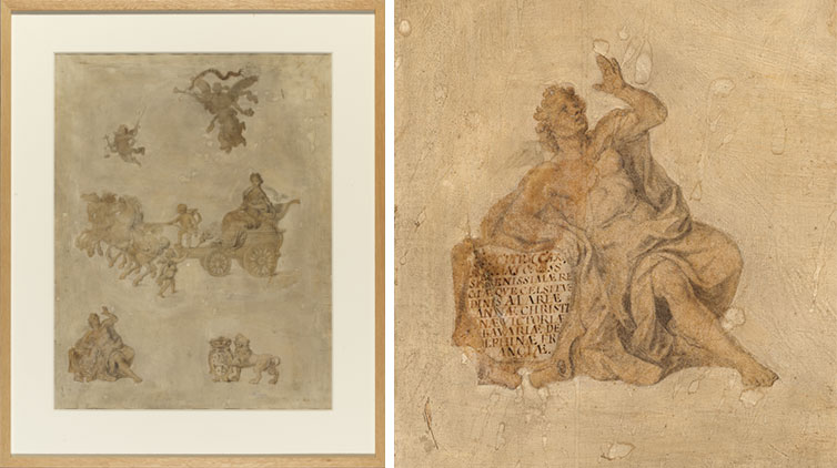 Left: Marie Anne Christine on a horse-drawn carriage with additional drawings. Right: A closeup of one of the figures.