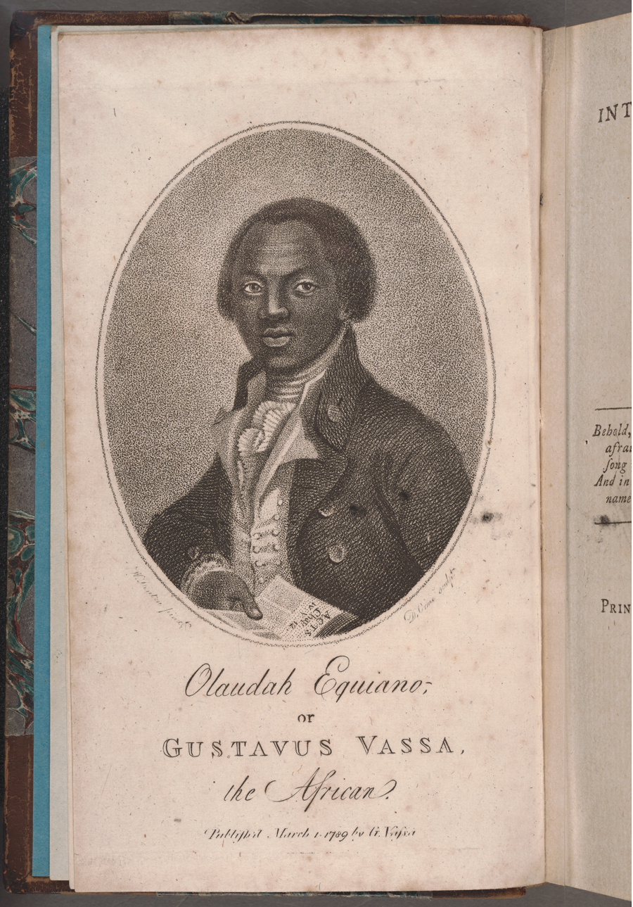 An open book with an illustrated portrait of Olaudah Equiano.