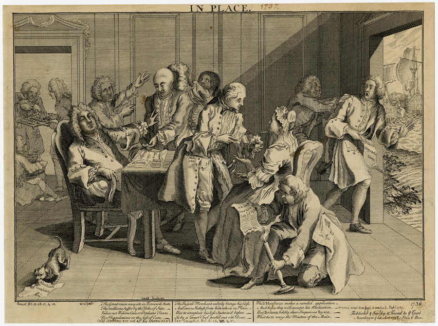 Etching of a group of people around a table and chairs.