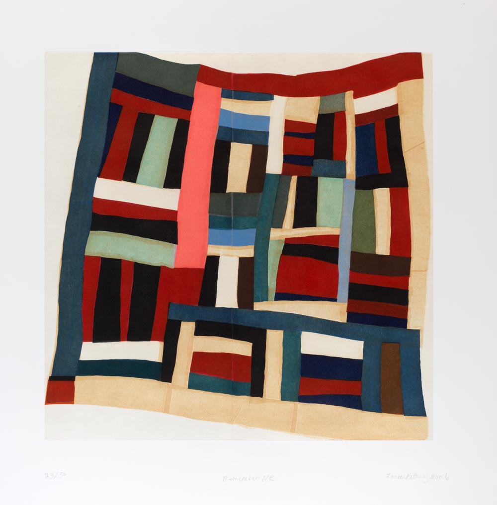 An aquatint etching print of a geometric quilt made up of colorful rectangles in various sizes and shapes.