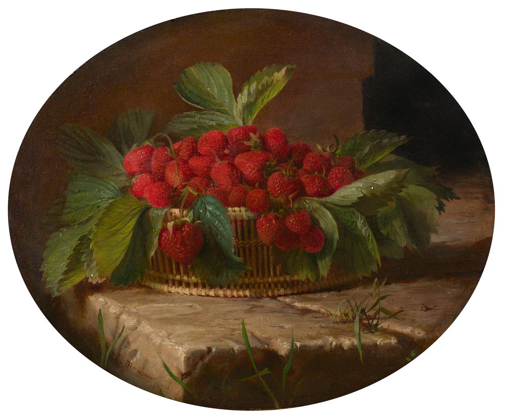 A painting of strawberry fruits and leaves in a basket on stone.