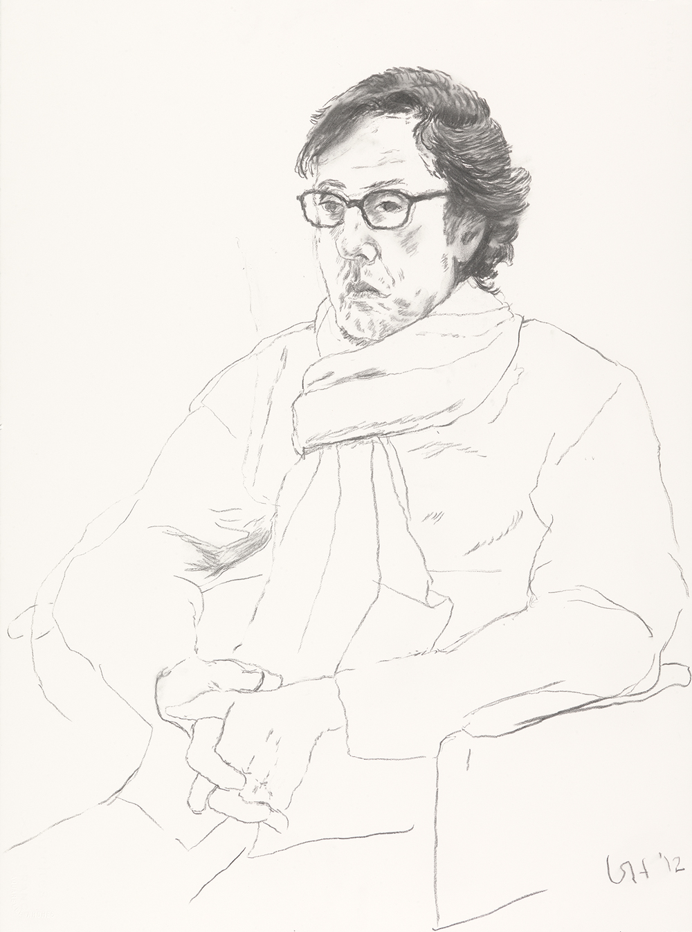 Drawing of Gregory Evans sitting with his hands folded in his lap.