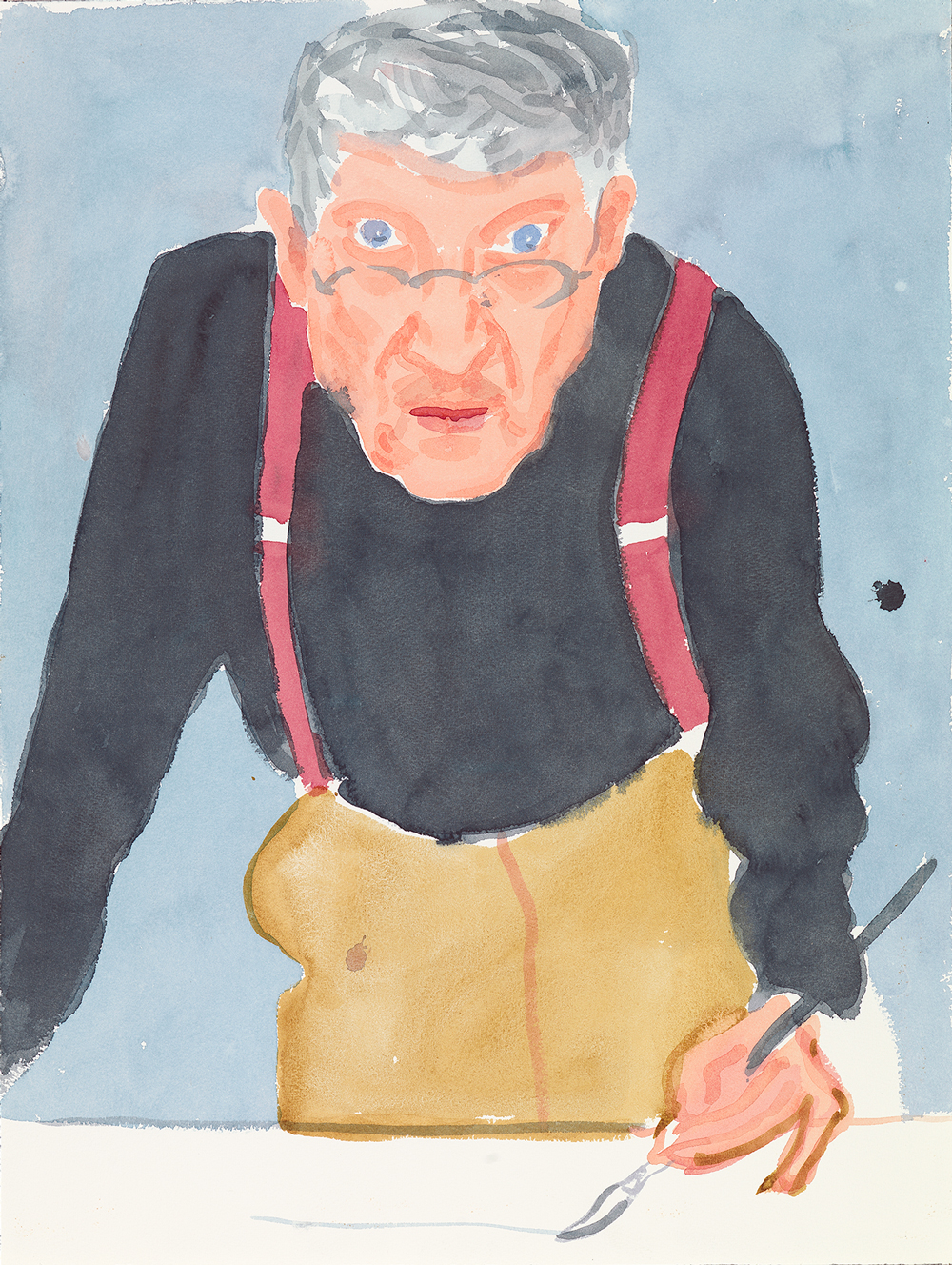 Watercolor self-portrait of David Hockney, paintbrush in hand, looking at the viewer.