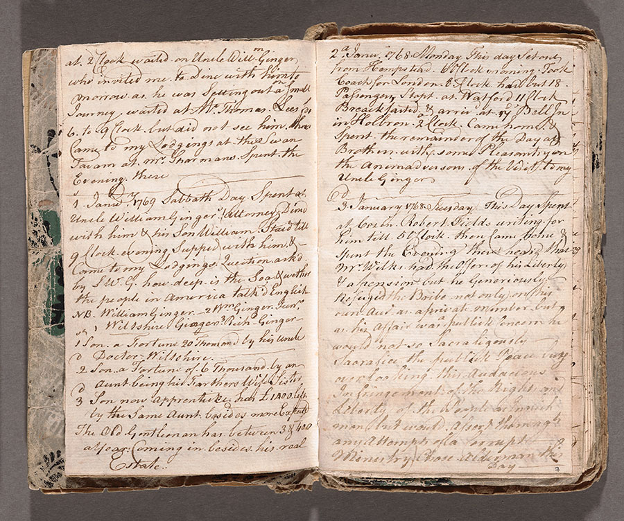Two pages of an 18th-century diary with cursive writing.