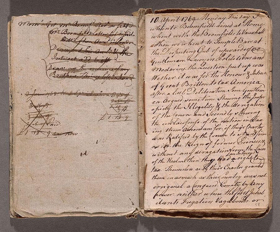 Two pages of an 18th-century diary; the left page has crossed-out writing and the right page has cursive writing.
