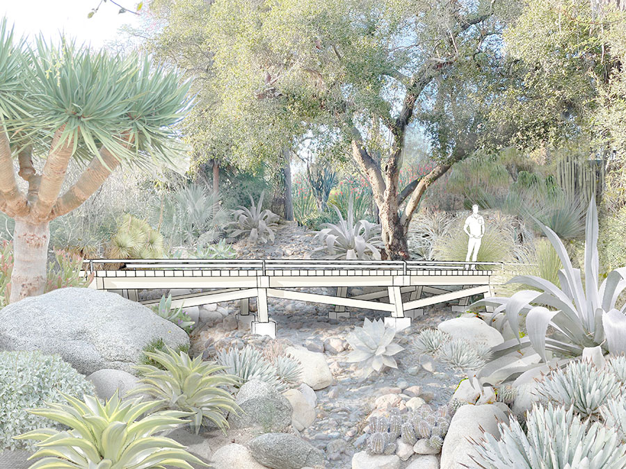 An artist rendering of a walking bridge in a rocky, succulent-filled landscape.