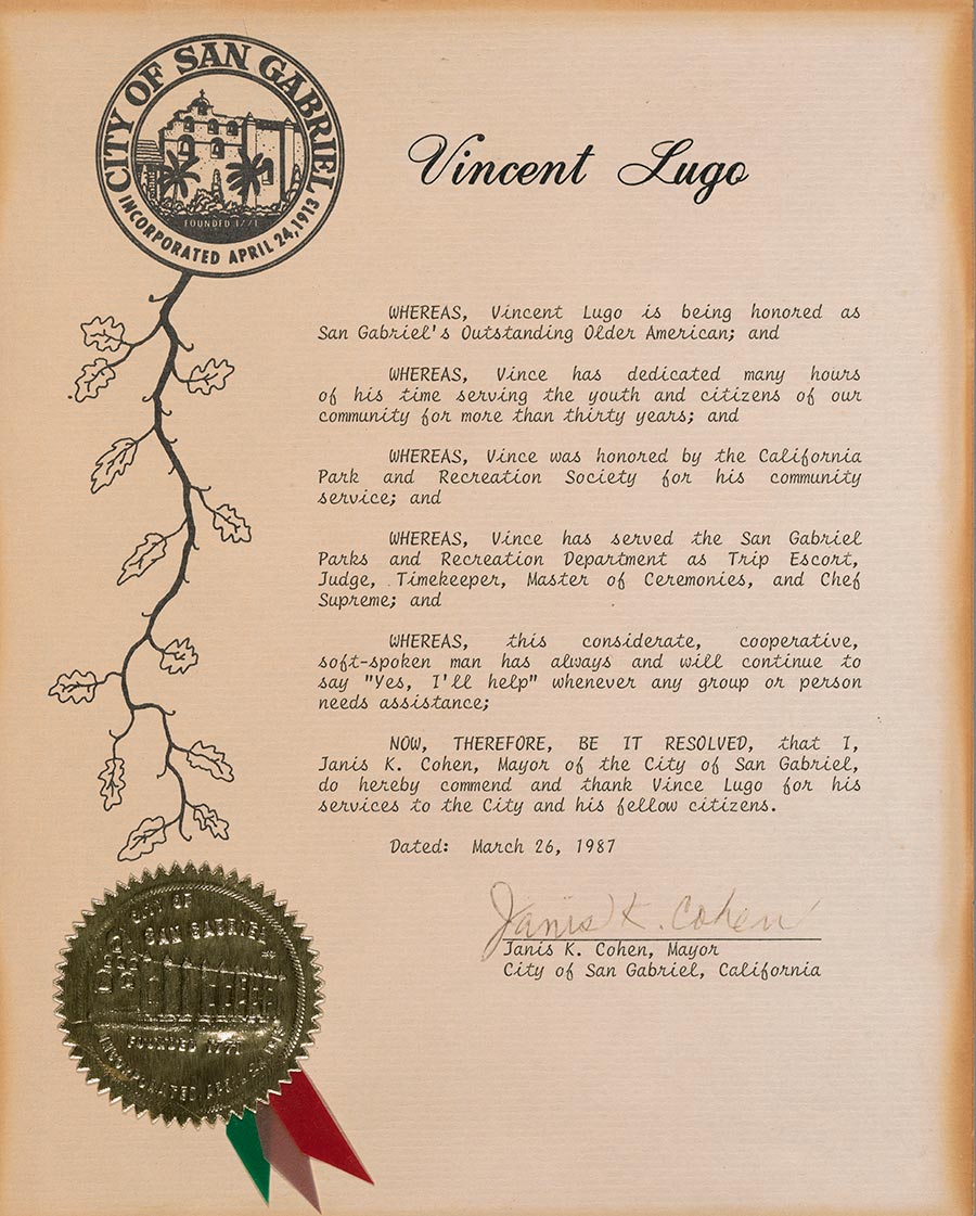 A certificate with a gold foil ribbon and a “City of San Gabriel” logo.