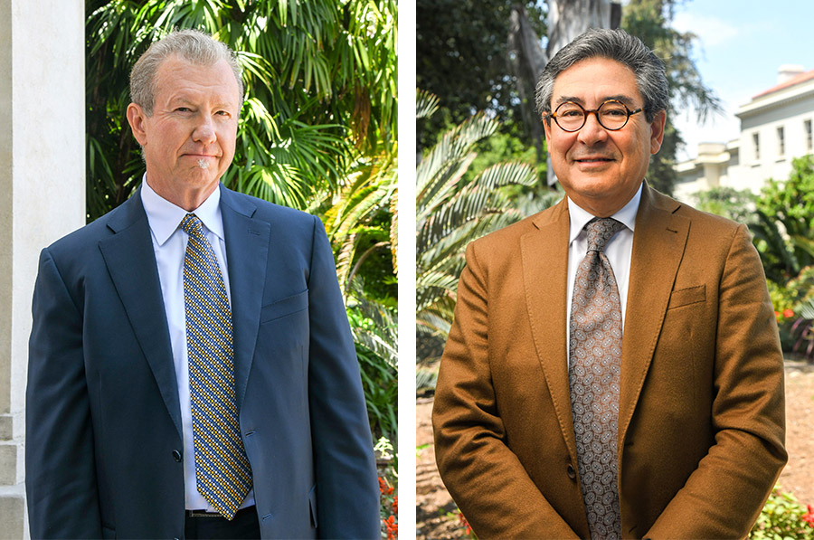 Two photos of men wearing suits standing in a garden.