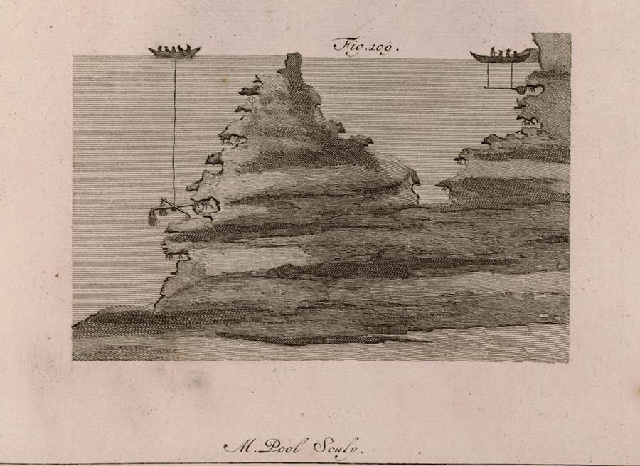 Illustration of a large coral reef system below the water with two boats anchored to the coral from above.