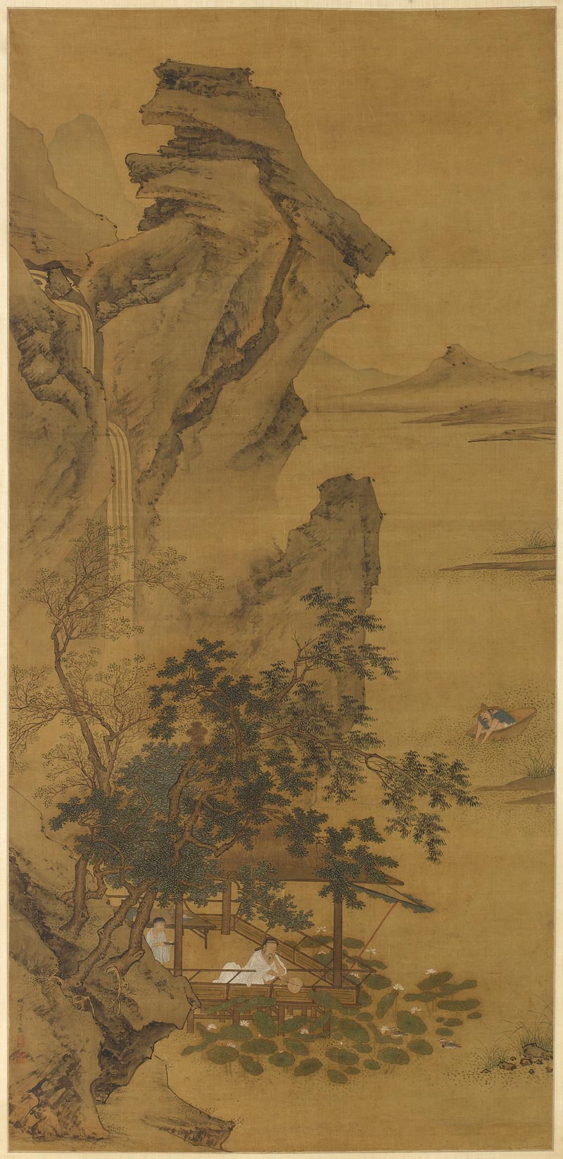 Ink and colors on a brown silk scroll, depicting a rock formation with a waterfall and a pavilion overlooking a pond of lotus leaves and flowers.