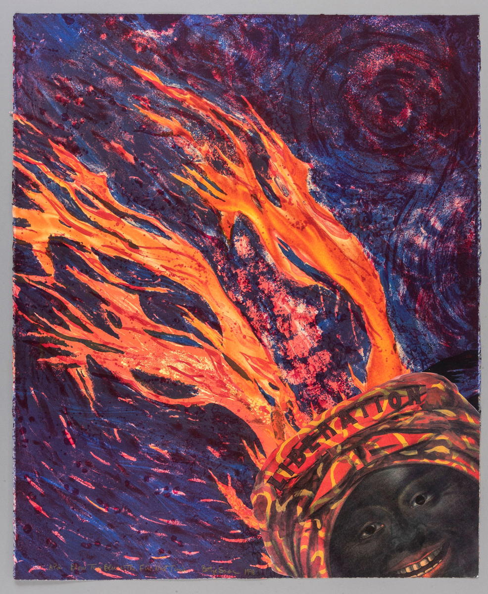 Lithograph of a black woman wearing a bandana featuring the word LIBERATION as bright flames shoot out of it on a dark blue and purple background.