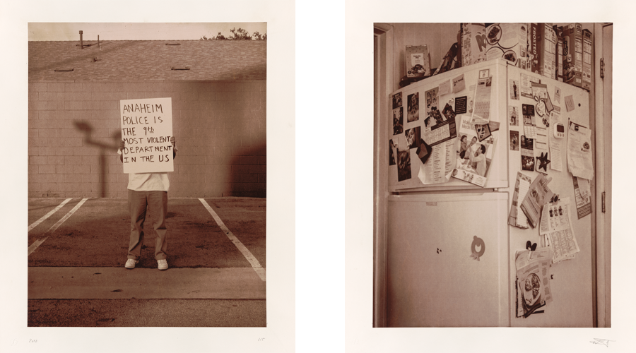 Two photos: On the left, a person holds a sign reading “Anaheim police is the 9th most violent department in the U.S.” On the right is a still life of a refrigerator covered in paper clippings, magnets, and family photos.