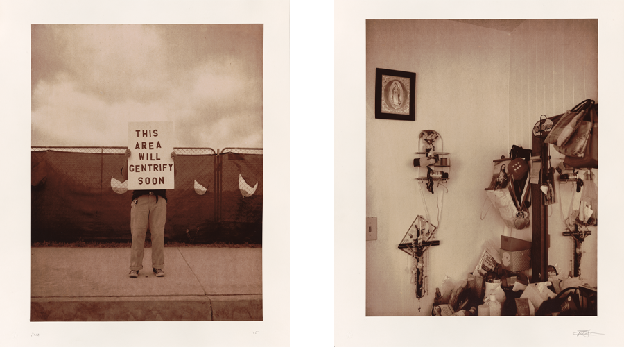 Two photos: On the left, a person holds a sign reading “This area will gentrify soon.” On the right is a vignette of a family home with religious items and family mementos near a mirror.