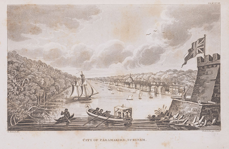 Illustration of a river with boats and a fort, surrounded by trees and homes.