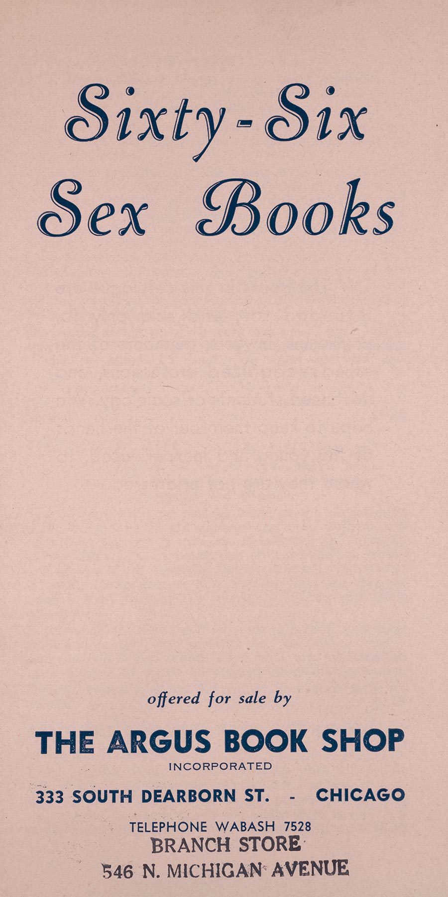 “Sixty-Six Sex Books” catalog cover with info for Argus Book Shop at the bottom.