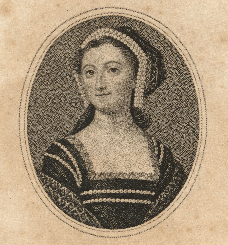 Black-and-white drawing of a woman in an oval frame.