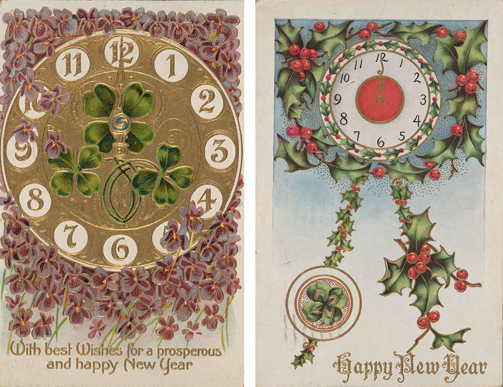 Two postcards illustrated with clocks and plants.