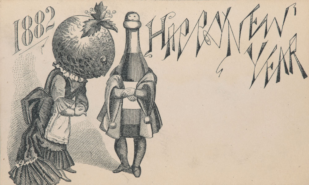 A visiting card with a grayscale illustration of an anthropomorphized fruit and bottle.