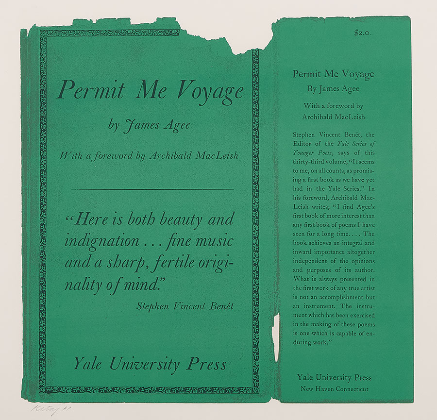 A ripped green book cover and sleeve with black text.
