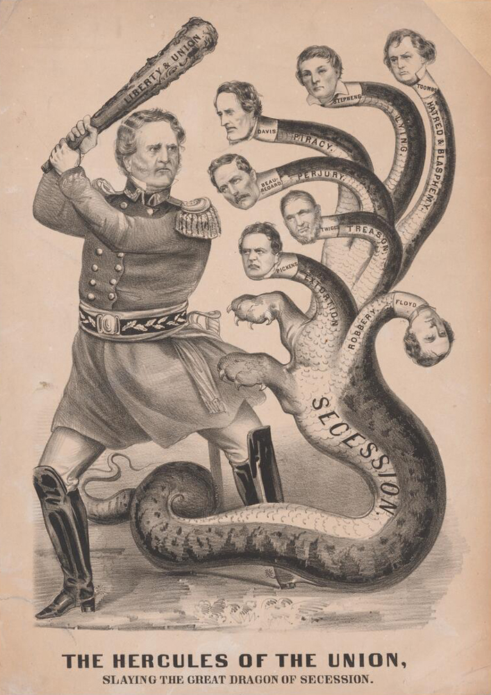 A grayscale illustration on sepia-tone paper. A large man wields a bat labeled “liberty & union,” as he faces a snake-like monster with paws and many human heads.