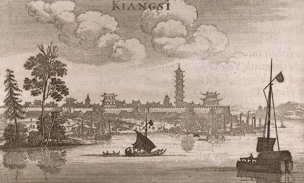 A black-and-white illustration of a Chinese city, with sailing boats in the foreground.