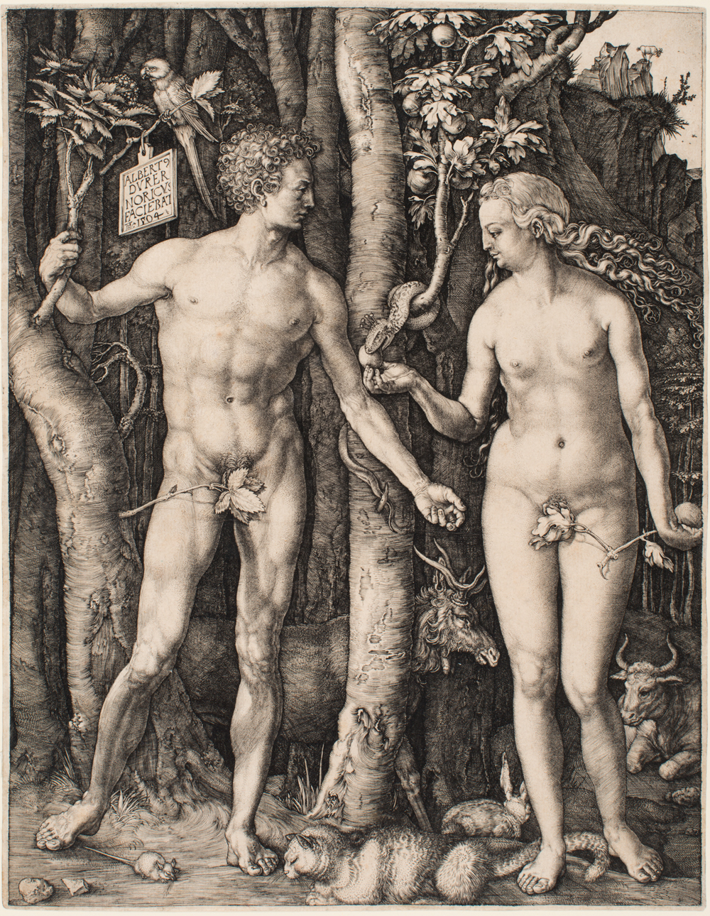 An engraving of a nude man and a nude woman in a forest with animals.