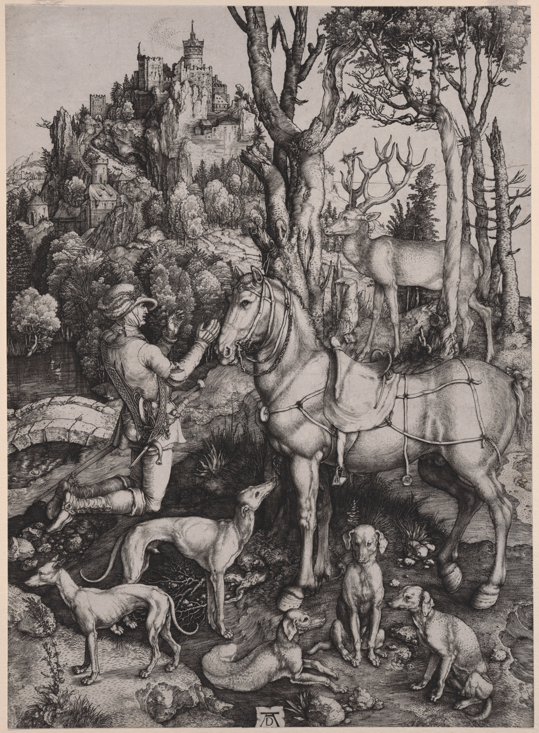 An engraving of a person kneeling in front of a horse, surrounded by dogs and other animals, with a large castle-like building in the distance.