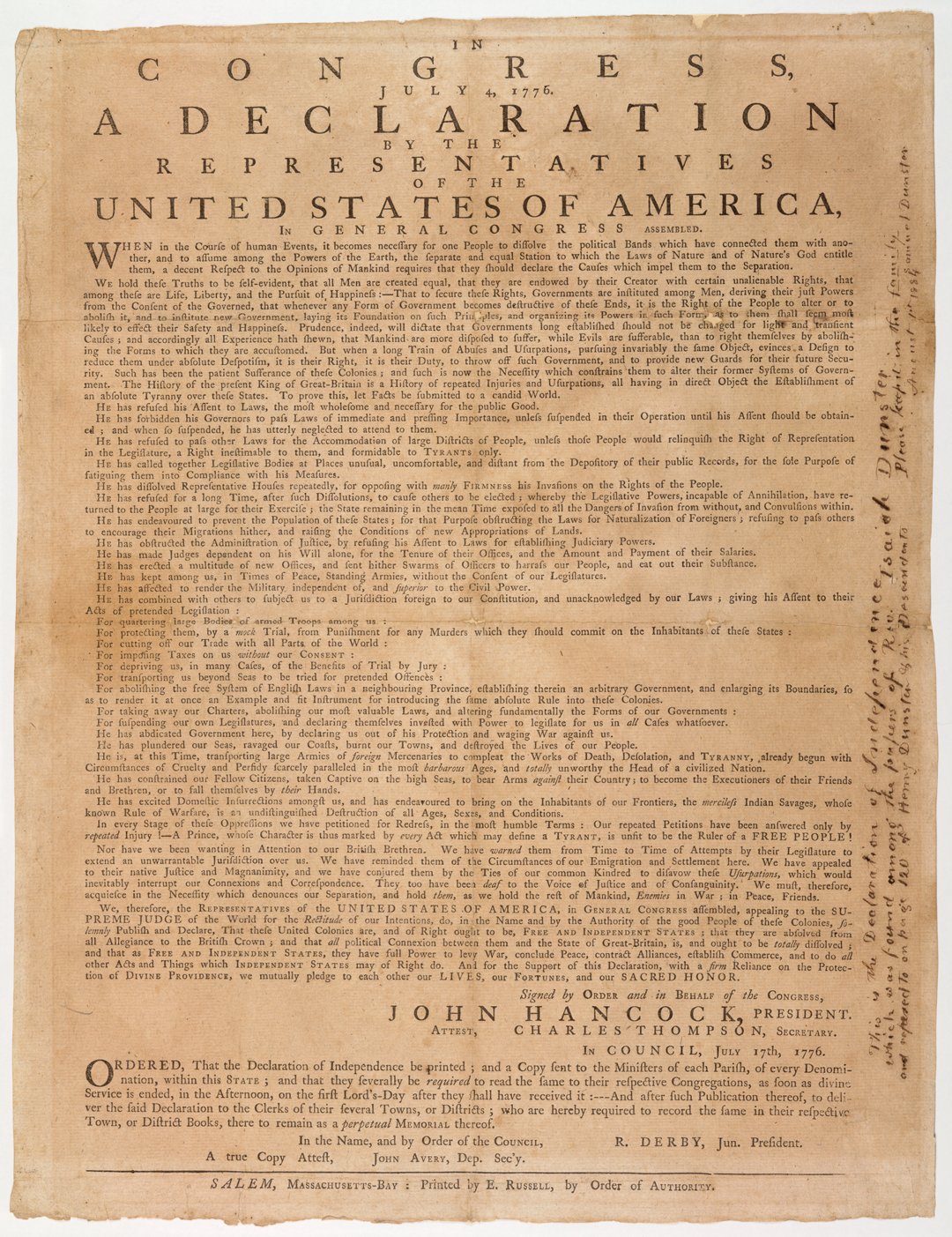 A tan paper with a title in large font that reads, “In Congress, July 4, 1776, a declaration by the representatives of the United States of America, in General Congress assembled.”