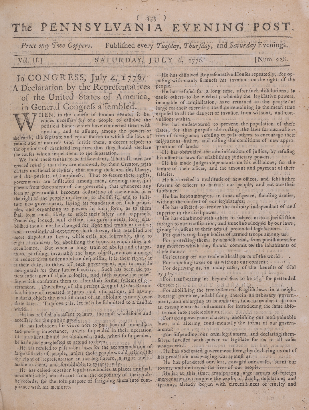 The Pennsylvania Evening Post newspaper with two columns of faded black text on beige paper.