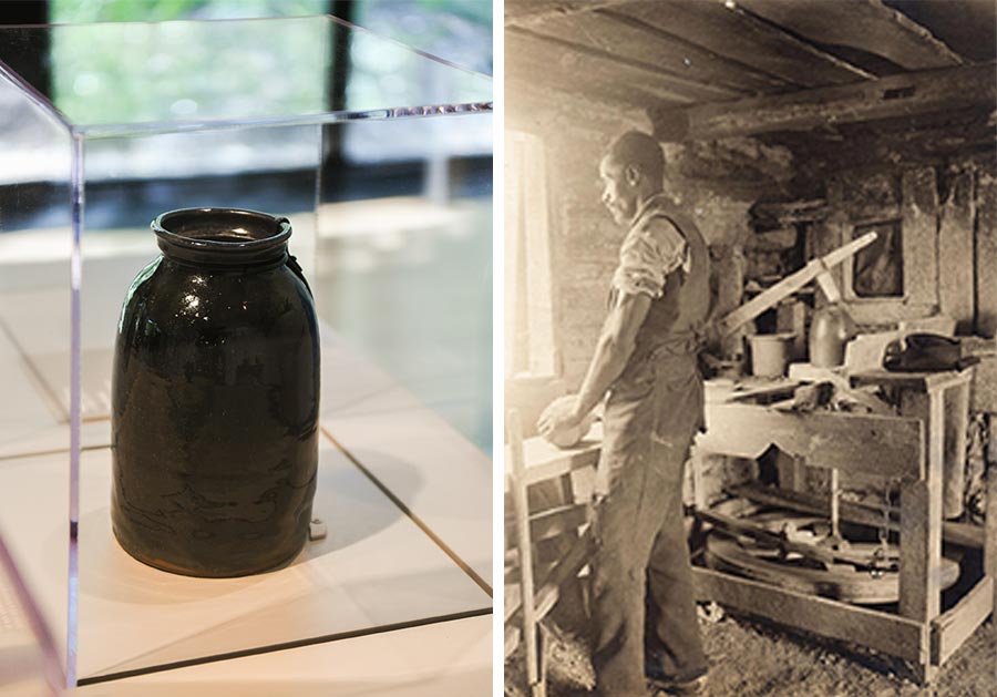 On the left is a stoneware jar in a clear display box. On the right is a black-and-white photo of a man in a pottery workshop.