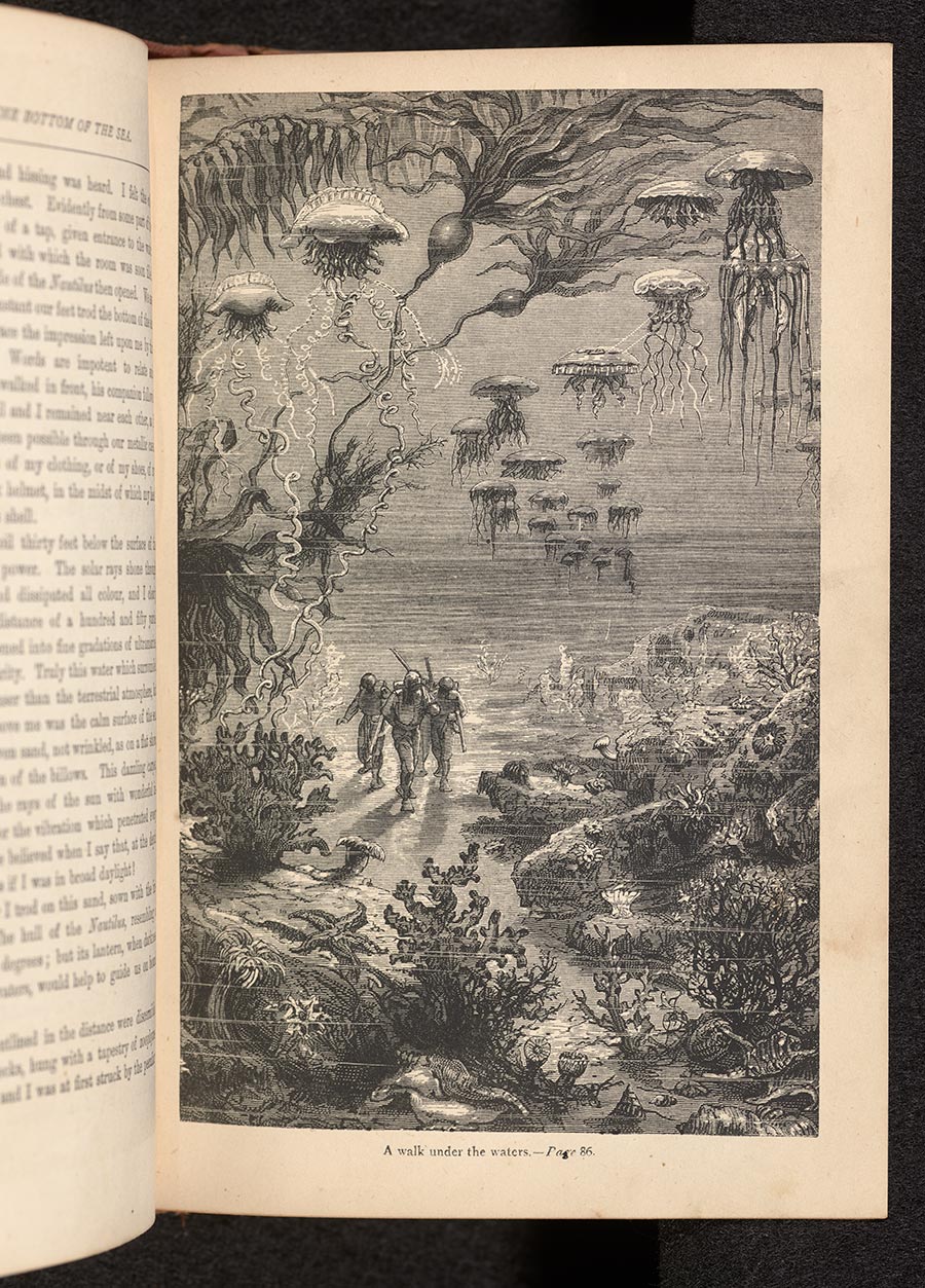 A black-and-white drawing of jellyfish swimming in the ocean and people walking on the seafloor.