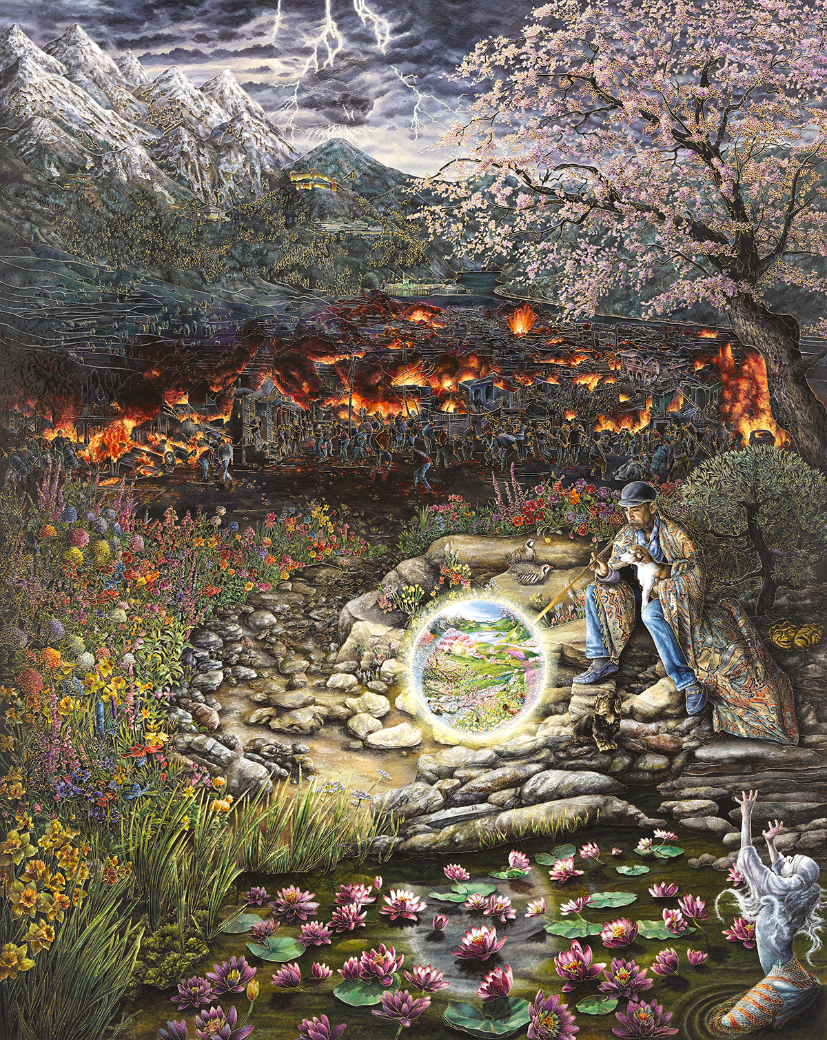 An enamel painting of a mountainside town on fire beneath a stormy sky. In the foreground, a person sits near a lily pond, blowing a bubble that contains a portal to another world.