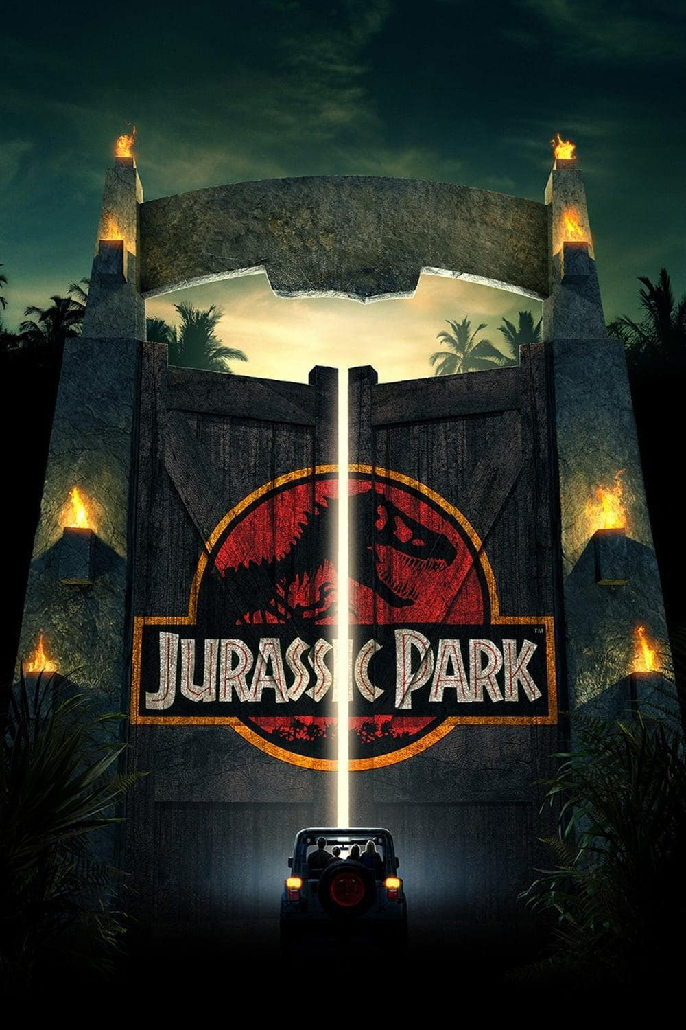 A movie poster reading "Jurassic Park" featuring a red logo with white text and the black silhouette of a dinosaur skeleton, on a large fence made from wood and concrete.