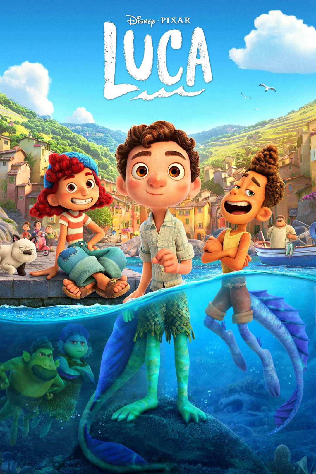 A movie poster reading "Disney, Pixar, Luca" featuring three cartoon characters, two of which are partially submerged in water and are half-human and half-fish.
